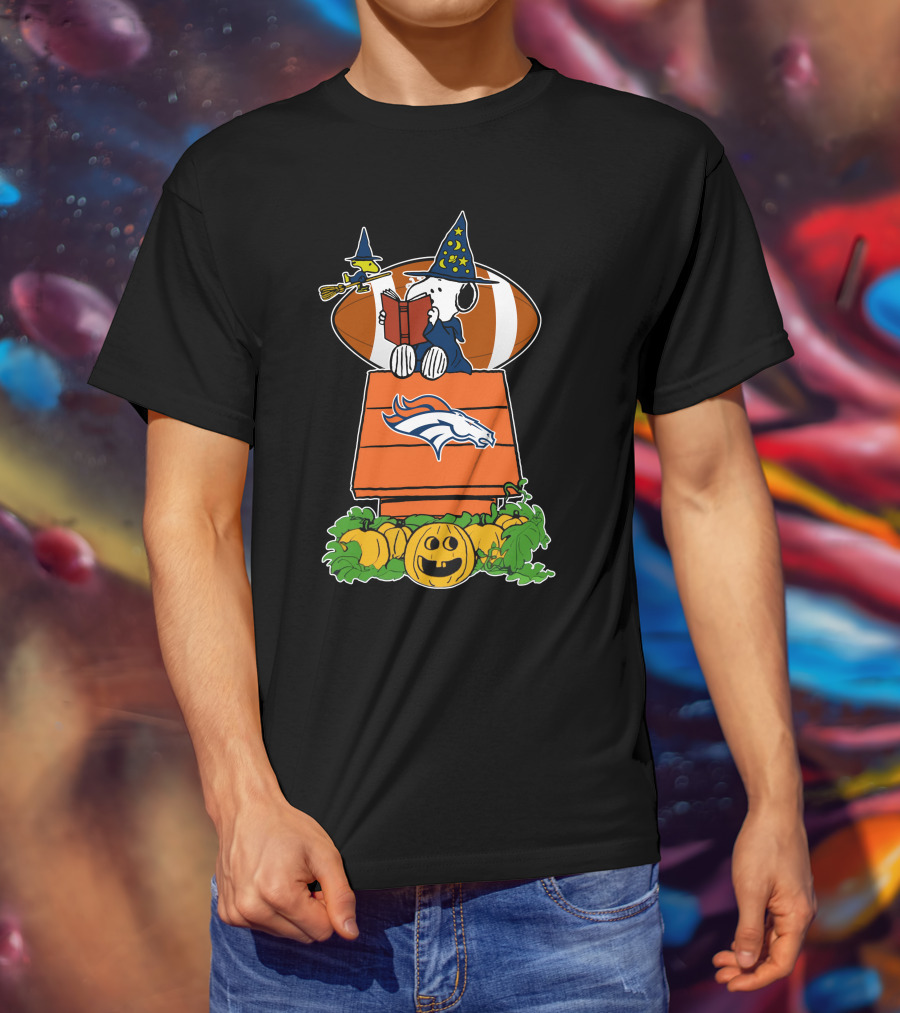 Denver Broncos Snoopy Halloween Football Wizard Pumpkin Scene T-Shirt