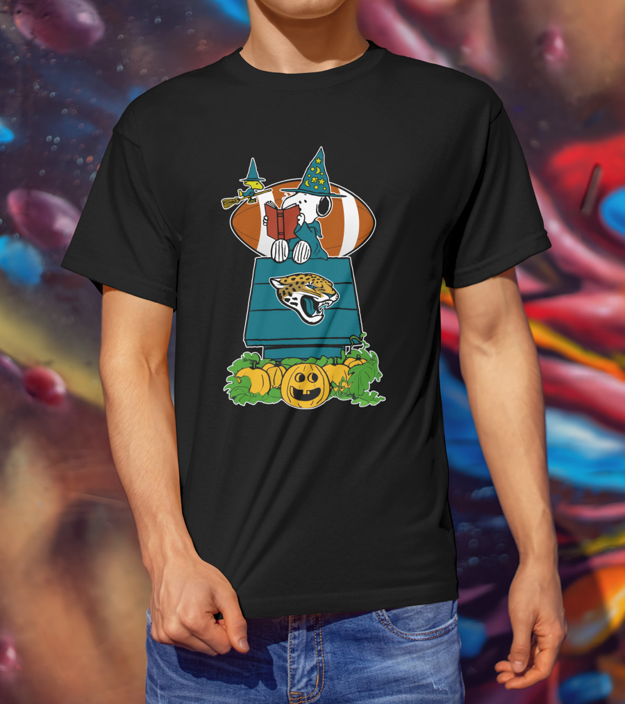 Jacksonville Jaguars Snoopy Halloween Witch Pumpkin Football House T-Shirt