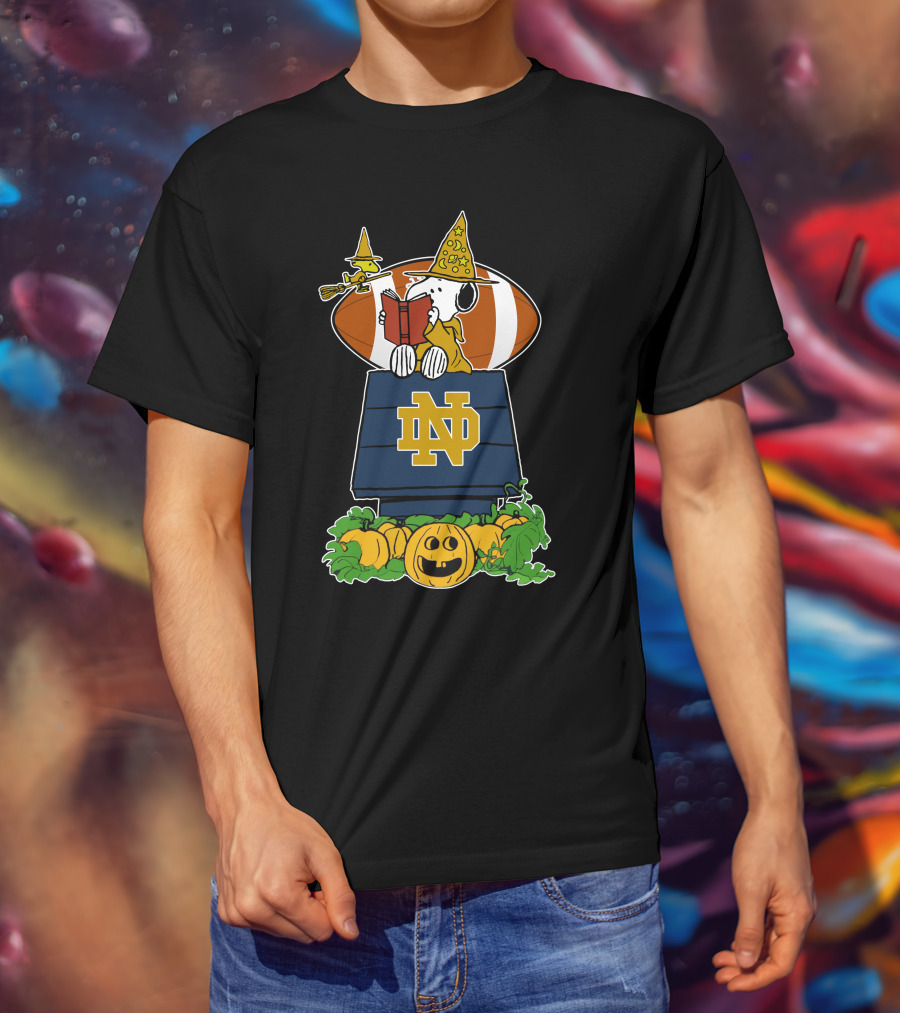 Notre Dame Fighting Irish Snoopy Halloween Pumpkin Scene With Football T-Shirt