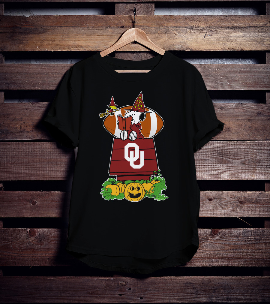 Oklahoma Sooners Snoopy Halloween Witch Woodstock Pumpkins Football T-Shirt