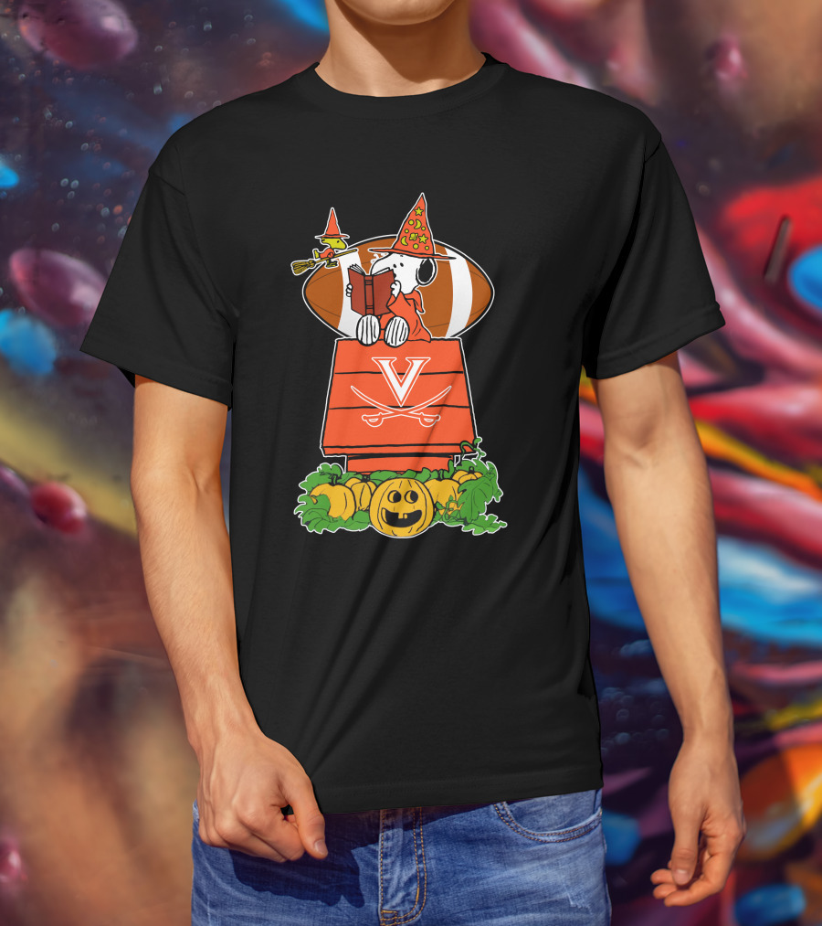Virginia Cavaliers Snoopy Halloween Witch Football Pumpkin Scene T-Shirt