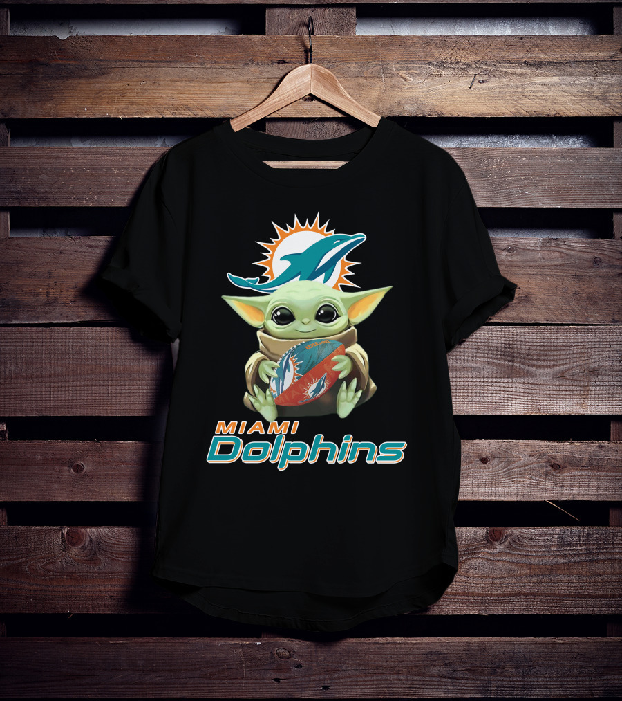 Miami Dolphins Baby Yoda Holding Football With Team T-Shirt
