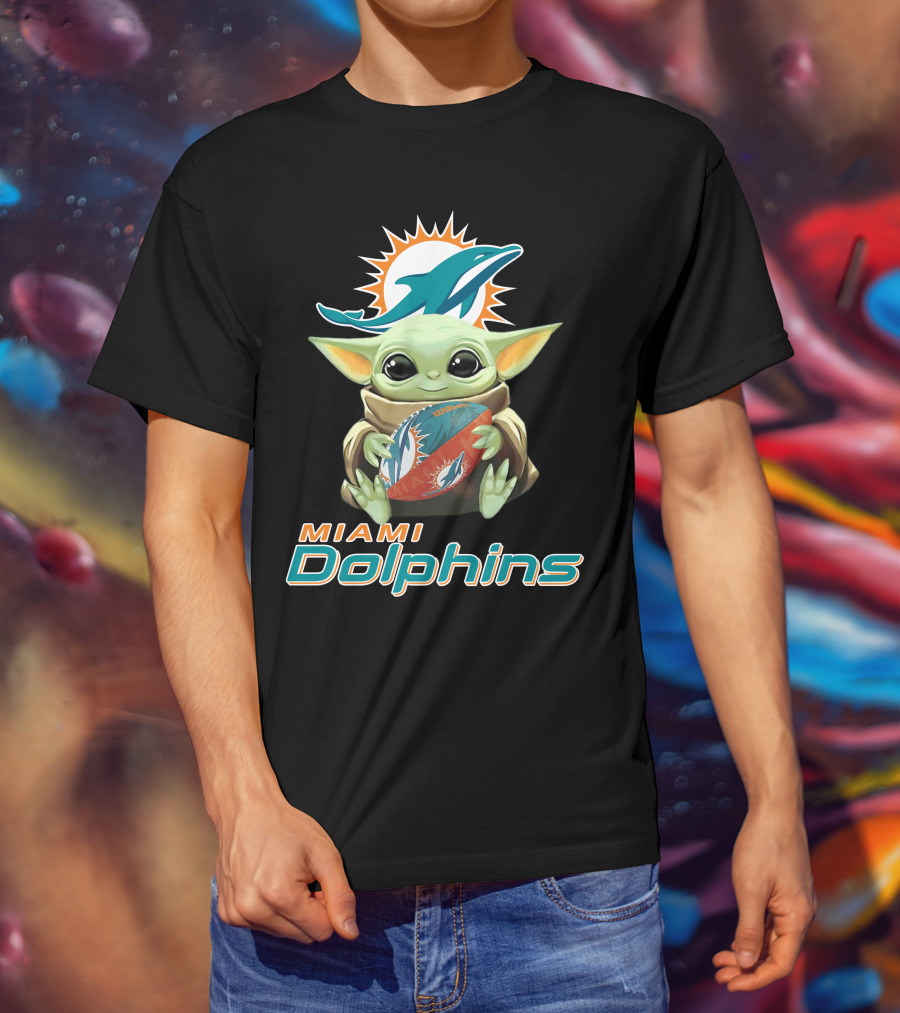 Miami Dolphins Baby Yoda Holding Football With Team T-Shirt
