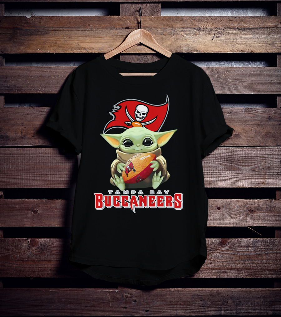 Tampa Bay Buccaneers Baby Yoda Holding Wilson Football T-Shirt
