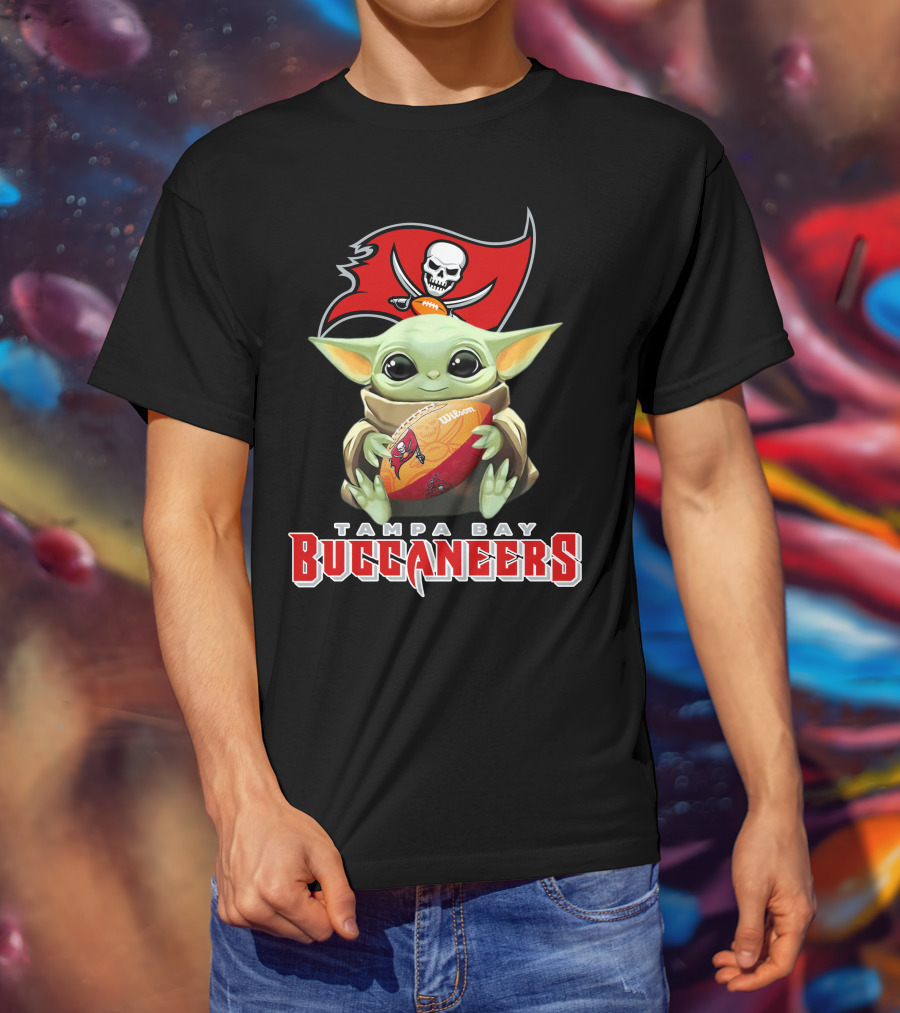 Tampa Bay Buccaneers Baby Yoda Holding Wilson Football T-Shirt