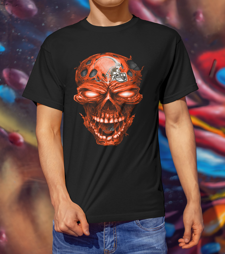 Cleveland Browns Helmet On Fiery Red Skull T-Shirt