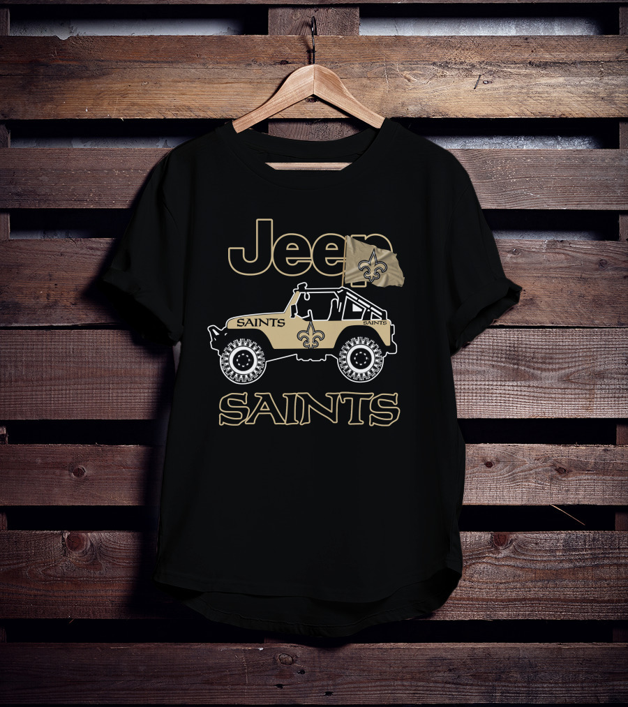 New Orleans Saints Jeep Vehicle With Fleur-De-Lis Flag T-Shirt