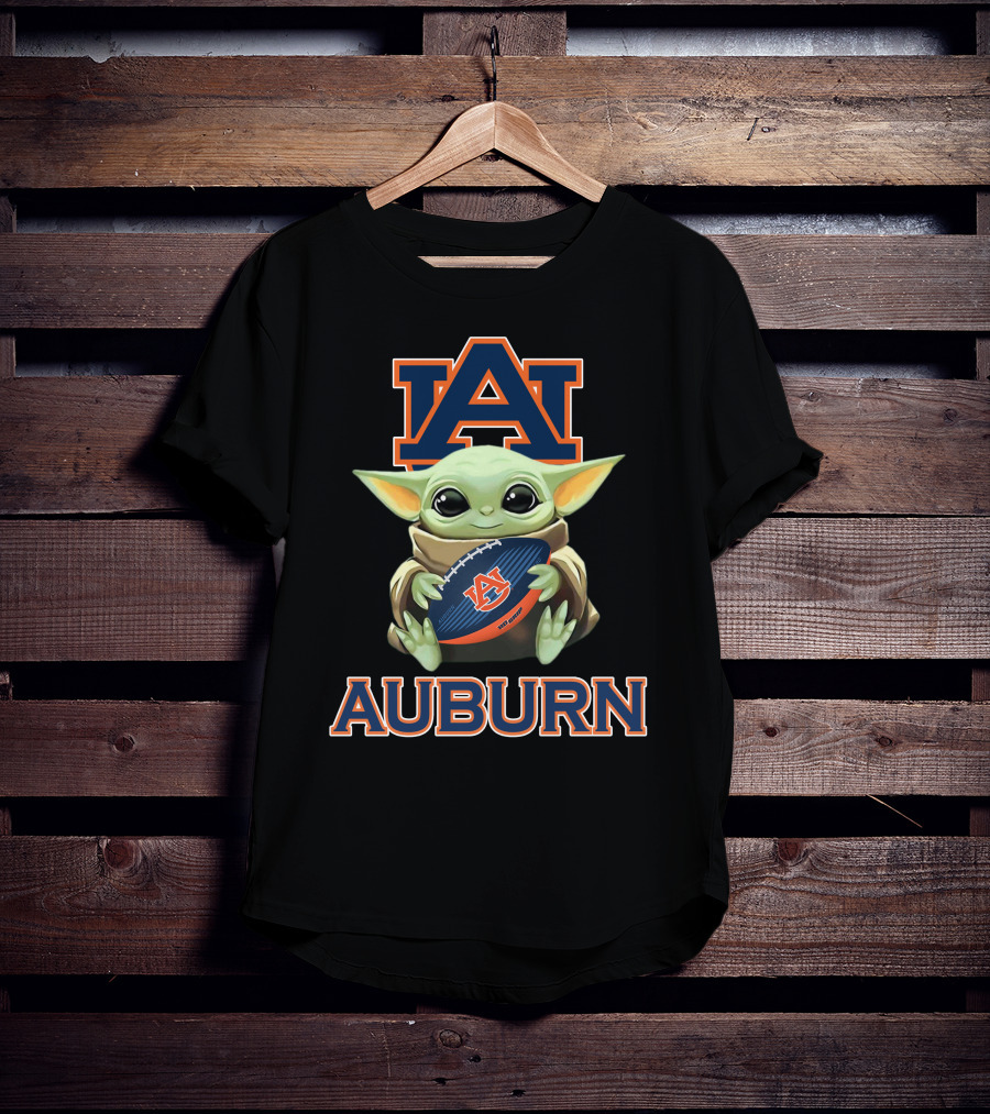 Auburn Tigers Baby Yoda Holding Football With Auburn T-Shirt