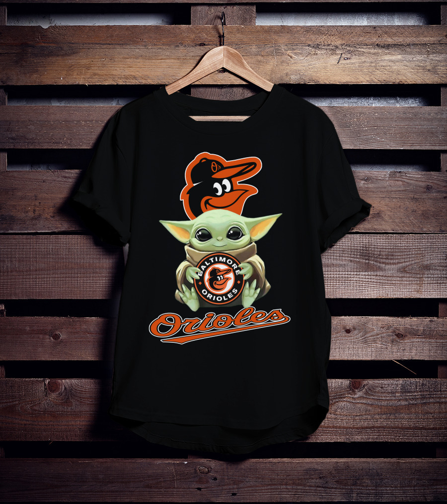 Baltimore Orioles Baby Yoda Holding Logo With Mascot And Team Name T-Shirt