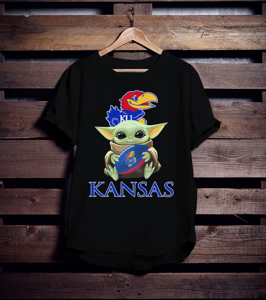 Kansas Jayhawks Baby Yoda Football Holding Ku T-Shirt