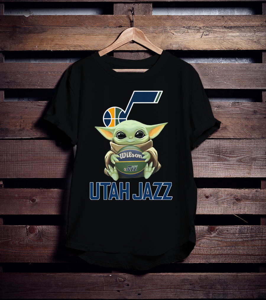 Utah Jazz Baby Yoda Holding Wilson Basketball T-Shirt
