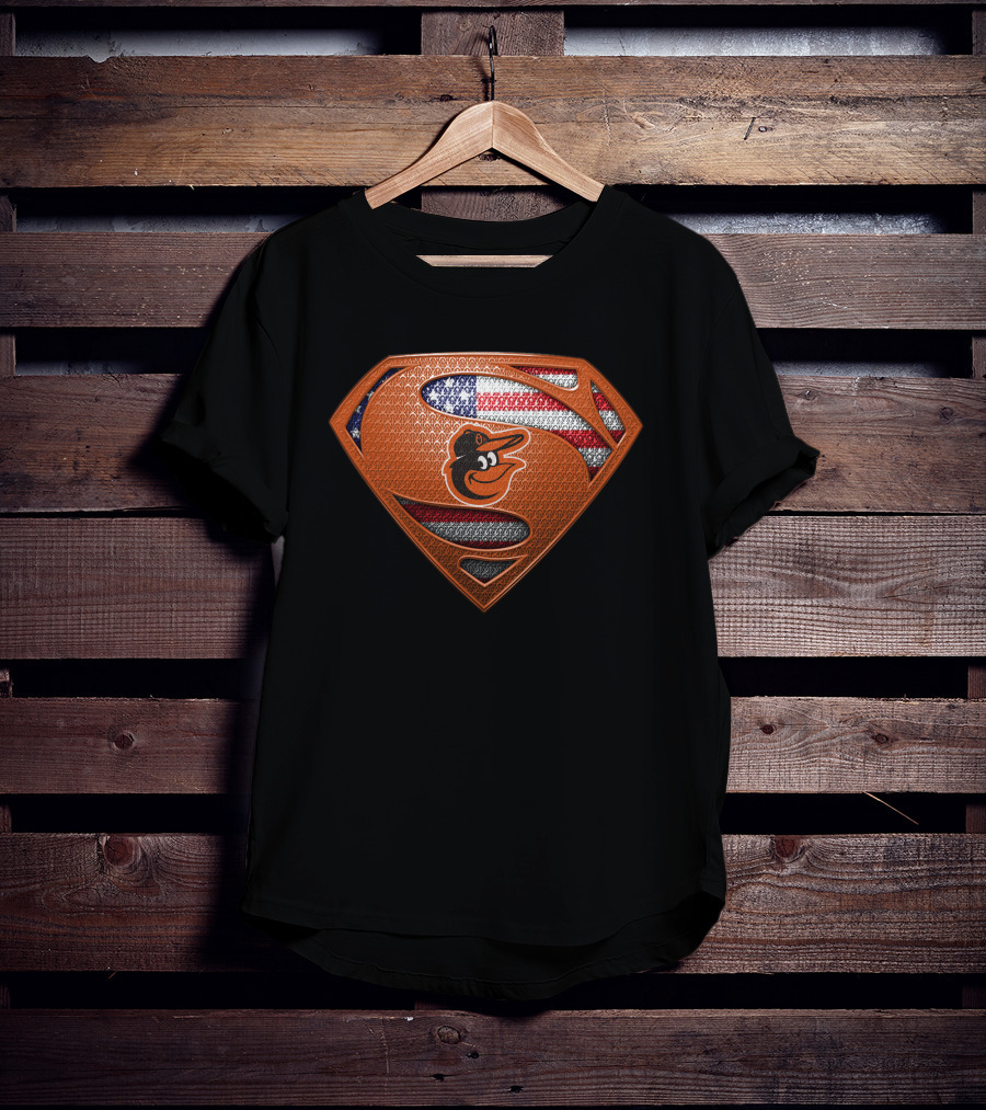 Baltimore Orioles Superman Logo American Flag Icon T-Shirt