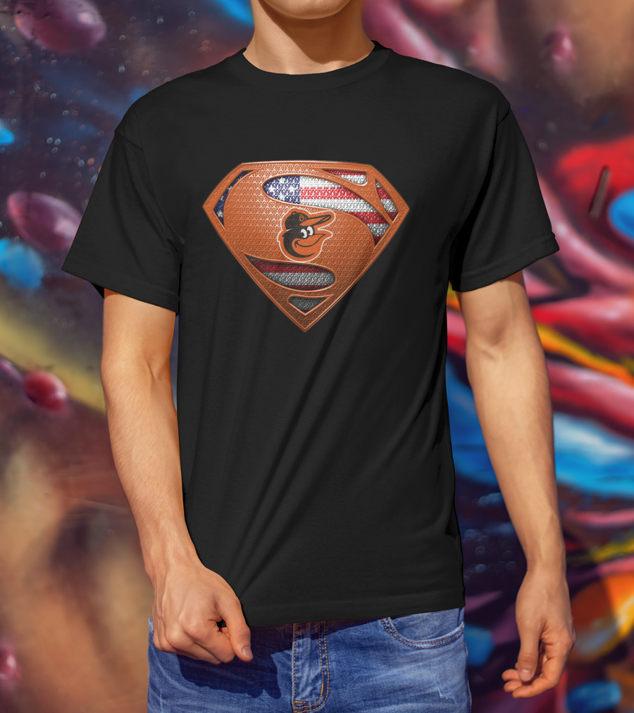 Baltimore Orioles Superman Logo American Flag Icon T-Shirt