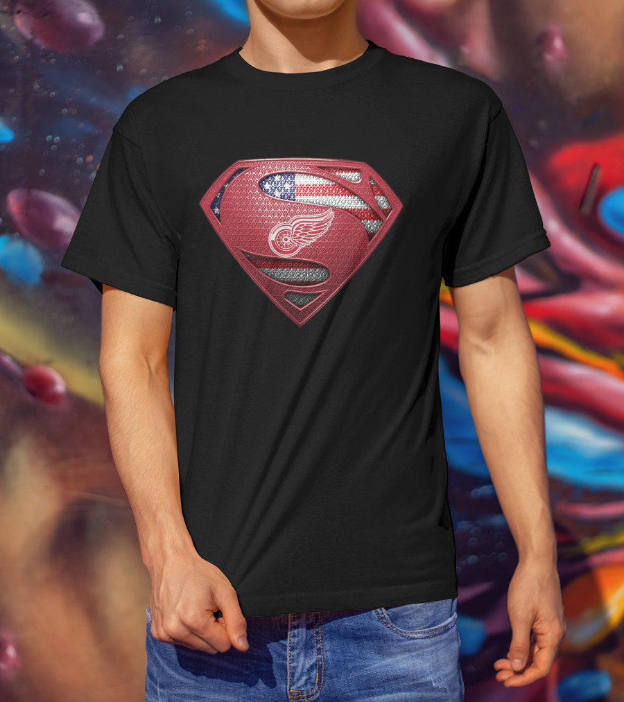 Detroit Red Wings Superman Logo American Flag T-Shirt