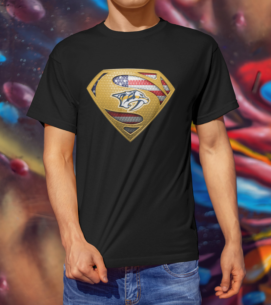 Nashville Predators Superman American Flag Badge T-Shirt