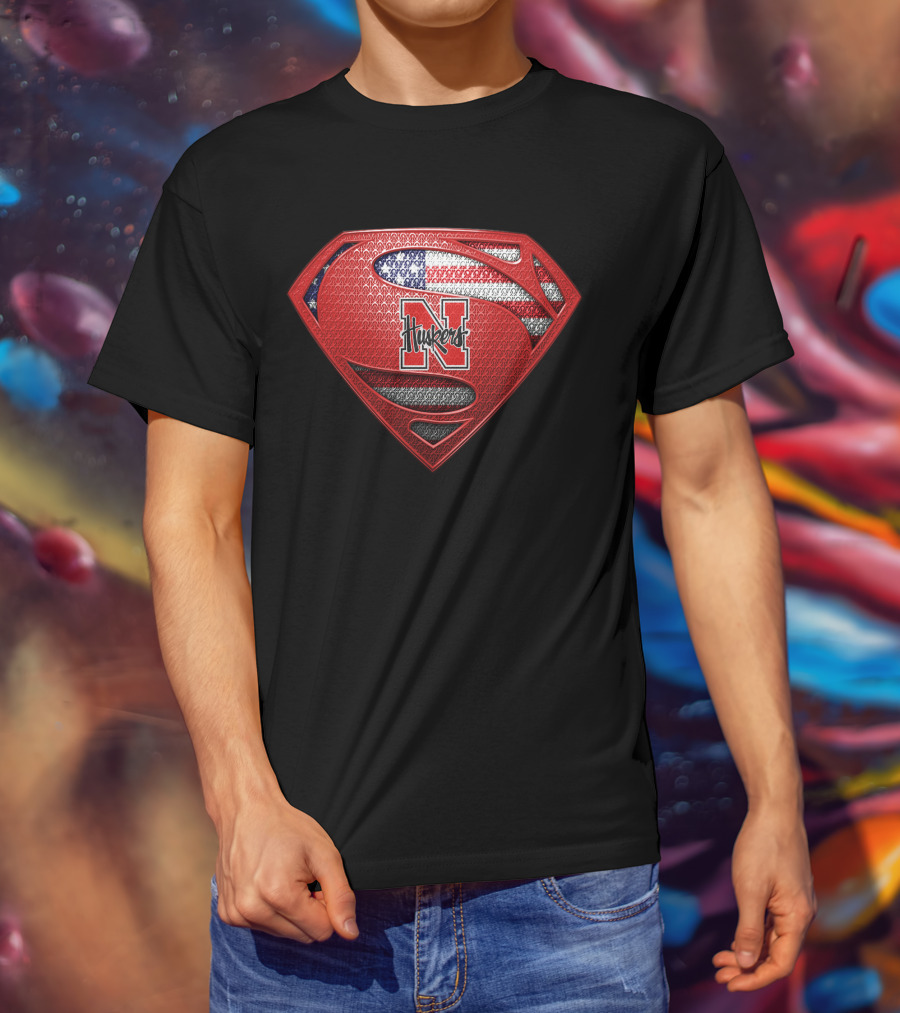 Nebraska Cornhuskers Superman Logo With American Flag T-Shirt