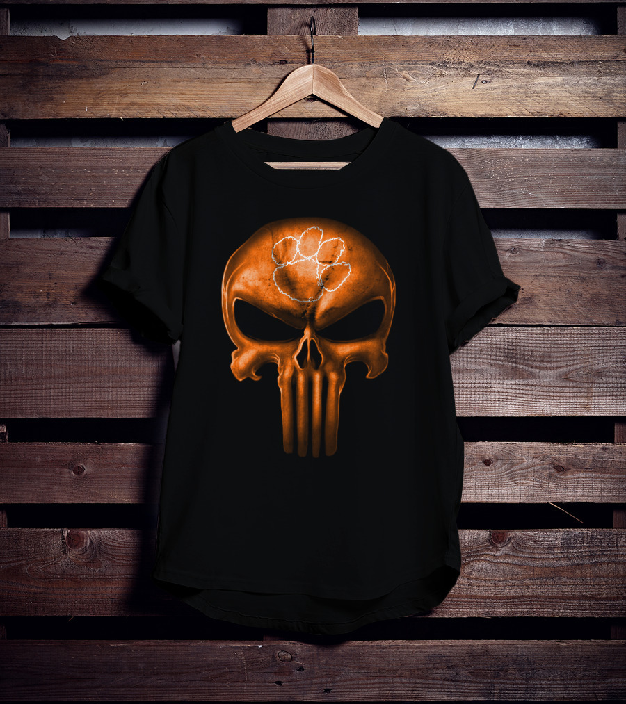 Clemson Tigers Skull With Orange Punisher Style And Paw T-Shirt