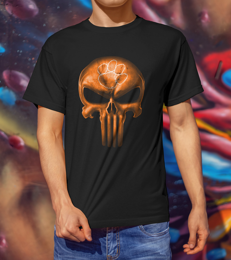 Clemson Tigers Skull With Orange Punisher Style And Paw T-Shirt