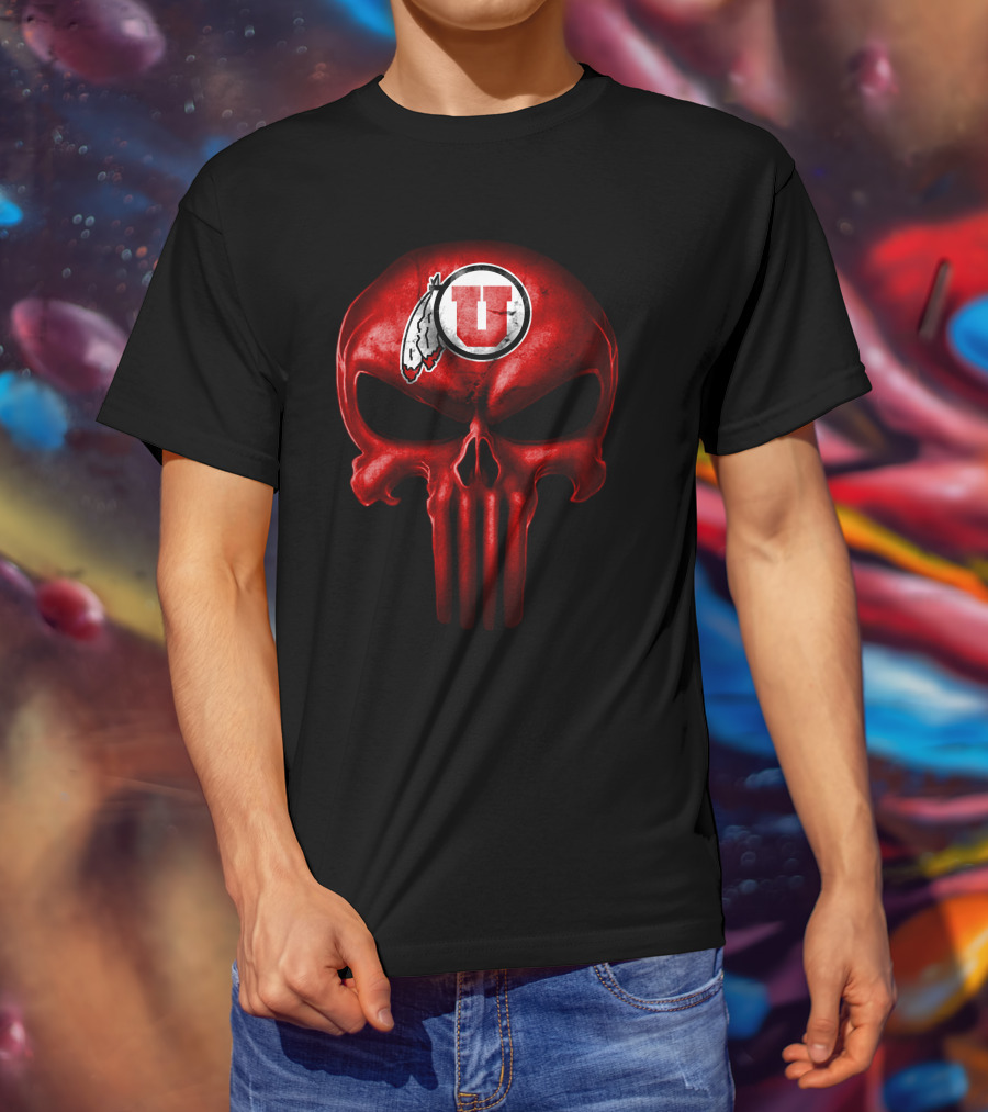 Utah Utes Punisher Skull Red Feathers T-Shirt