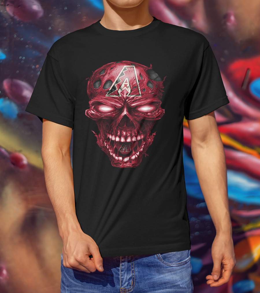 Arizona Diamondbacks Skull With Team Logo On Red Textured T-Shirt