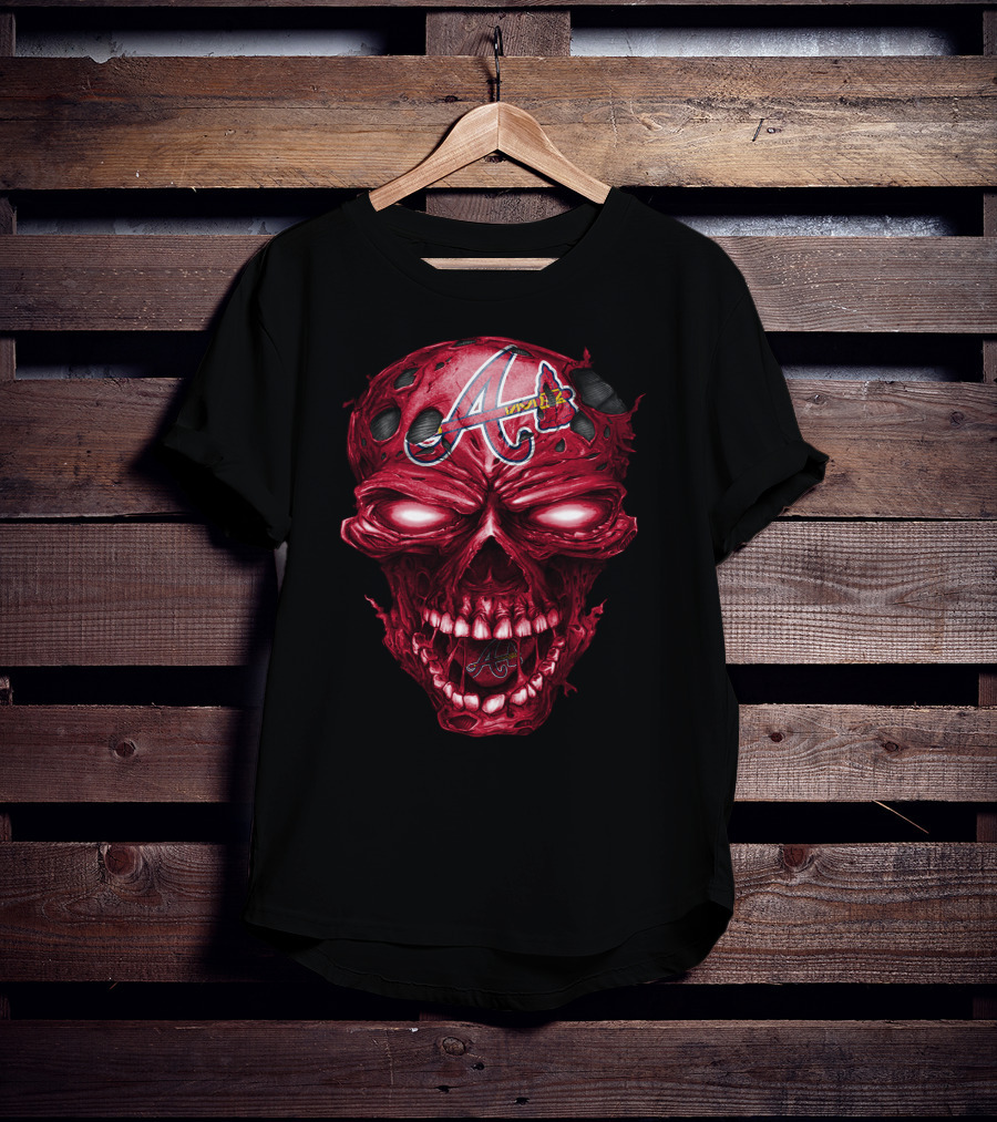 Atlanta Braves Red Skull With Team Logo And Tomahawk T-Shirt