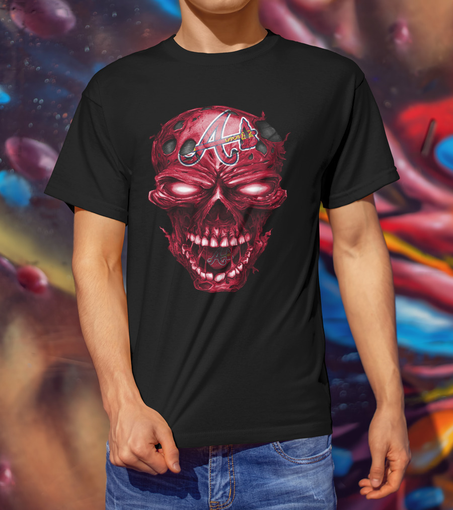 Atlanta Braves Red Skull With Team Logo And Tomahawk T-Shirt