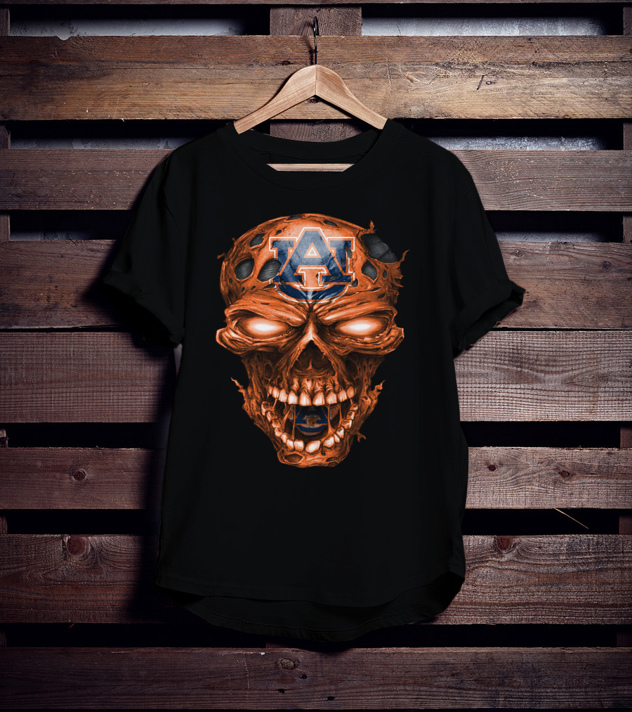 Auburn Tigers Skull With Auburn Logo And Fiery Eyes T-Shirt