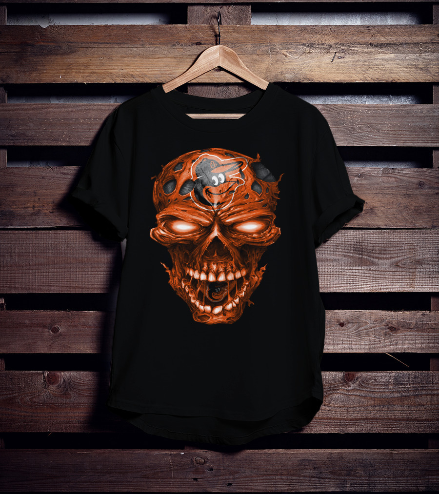Baltimore Orioles Logo On Orange Skull T-Shirt