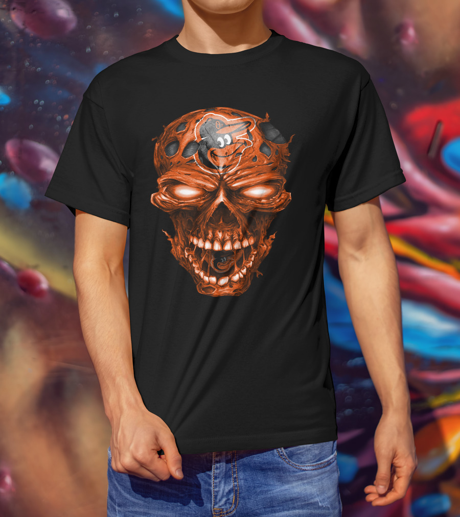 Baltimore Orioles Logo On Orange Skull T-Shirt