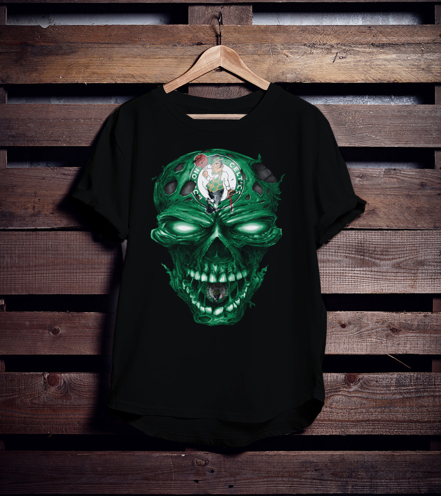 Boston Celtics Skull With Team Logo And Green Fire Eyes T-Shirt