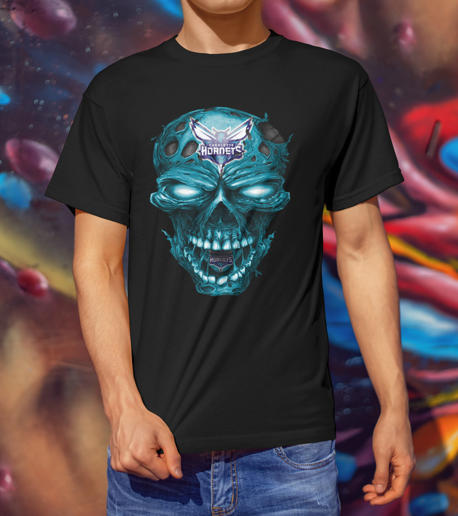 Charlotte Hornets Skull Logo Creepy Blue T-Shirt