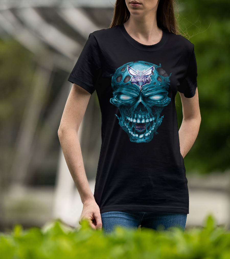 Charlotte Hornets Skull Logo Creepy Blue T-Shirt