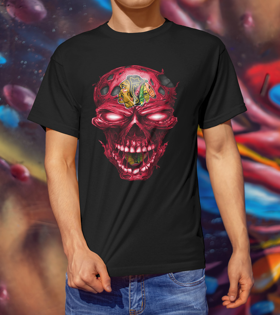 Chicago Blackhawks Skull Red Grunge Horror Style T-Shirt