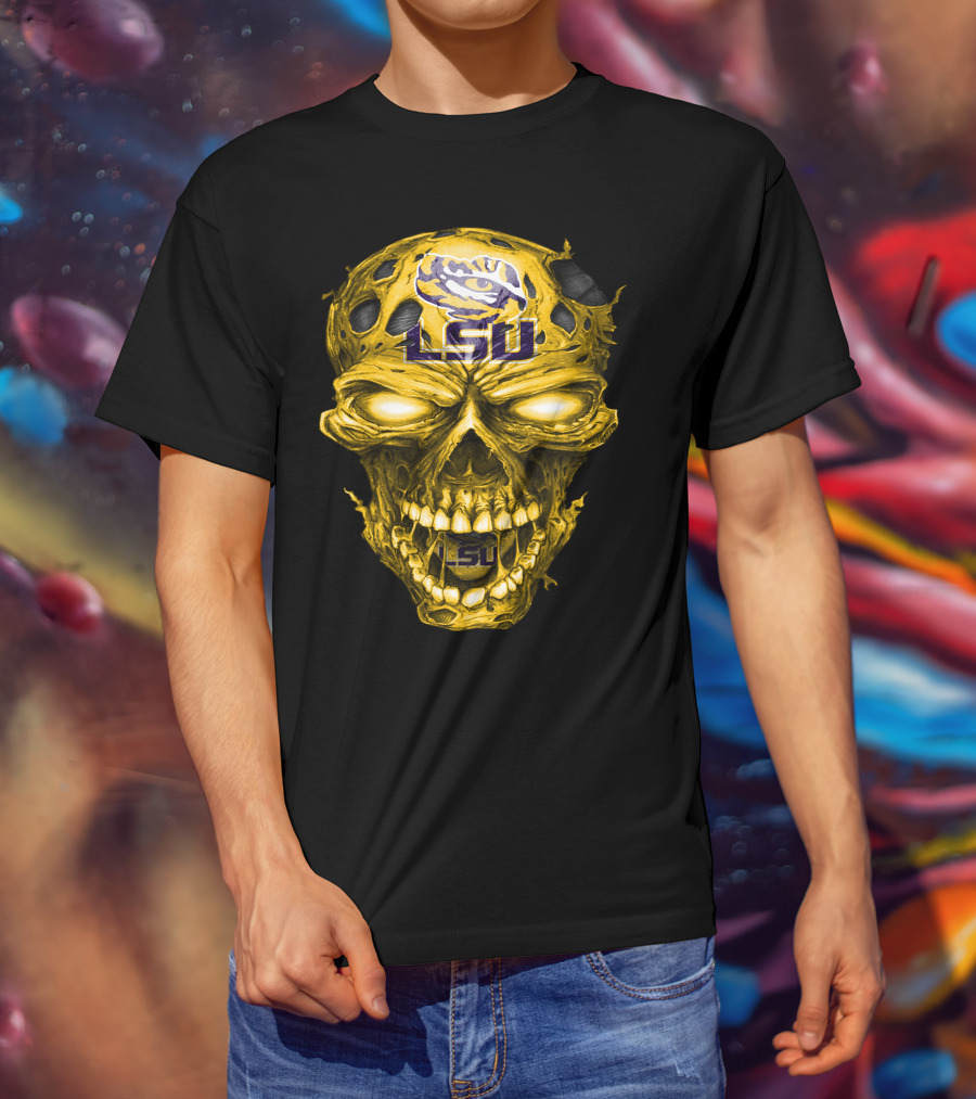 Lsu Tigers Skull Graphic With Logo And Fierce Glowing Eyes T-Shirt
