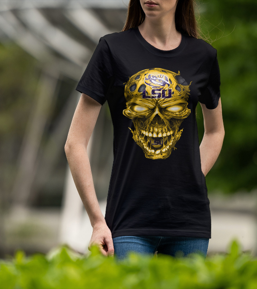 Lsu Tigers Skull Graphic With Logo And Fierce Glowing Eyes T-Shirt