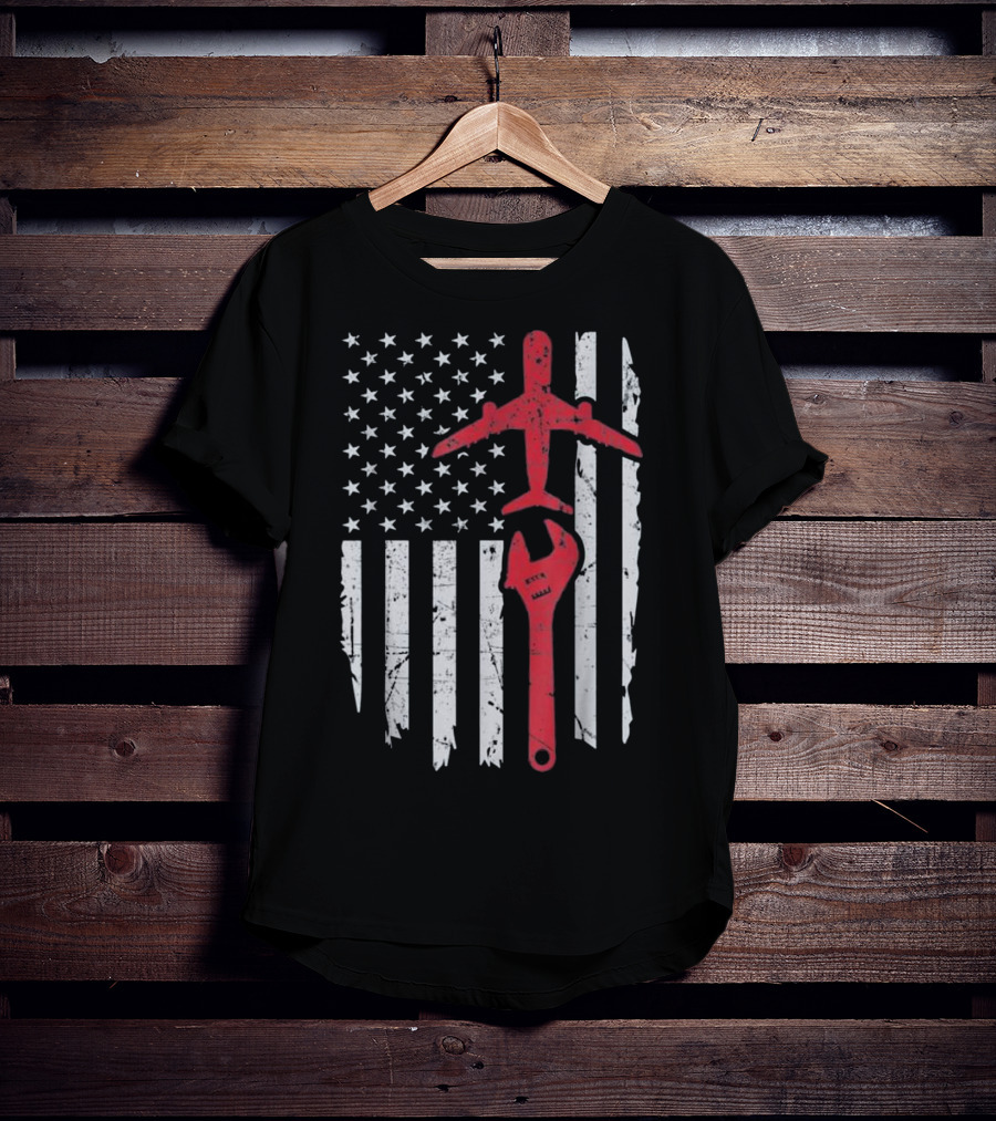American Flag Airplane Mechanic Aviation Technician Wrench T-Shirt