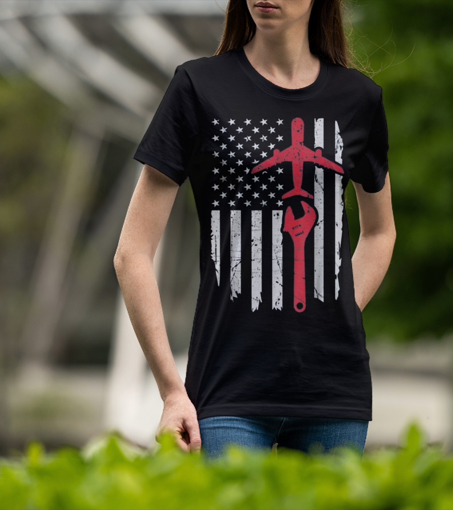 American Flag Airplane Mechanic Aviation Technician Wrench T-Shirt