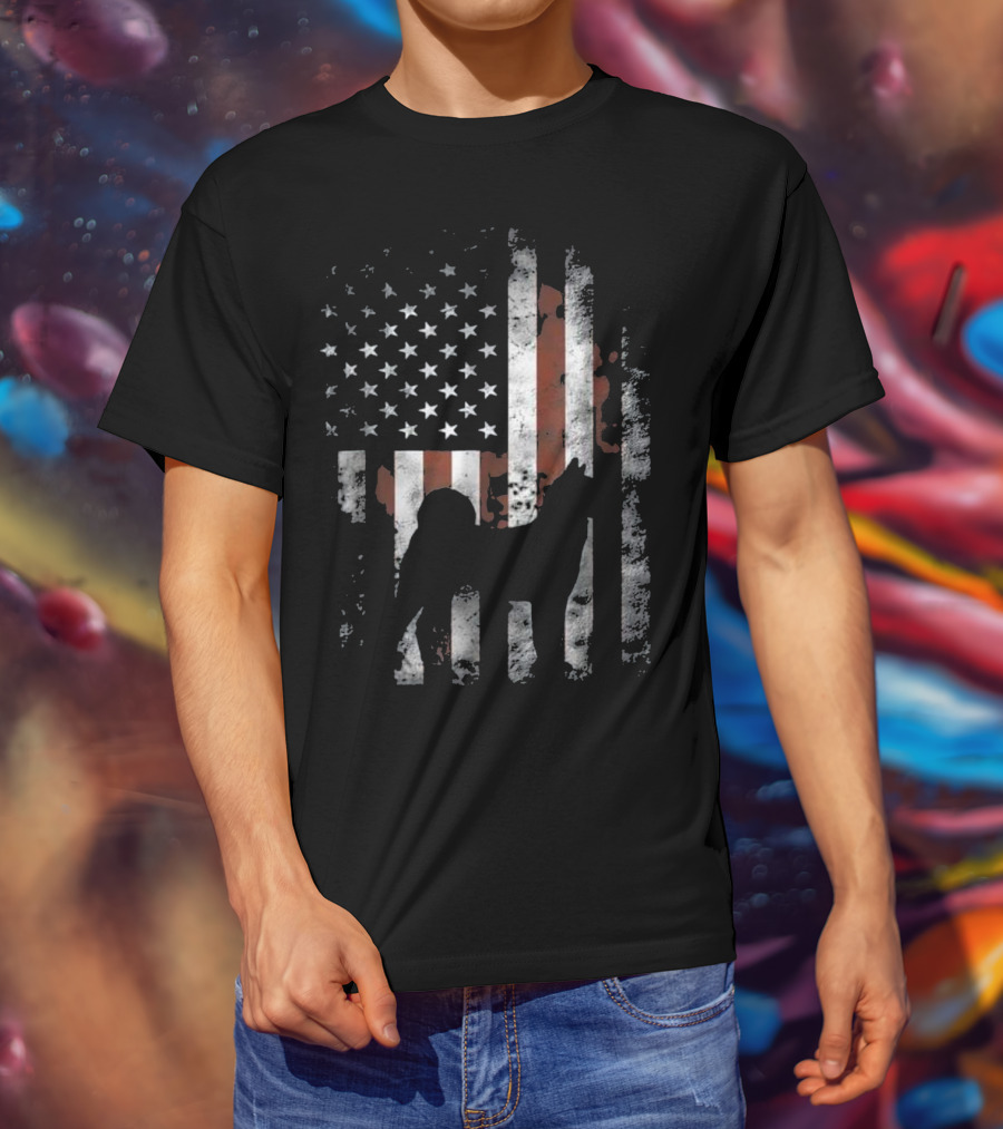Akita Inu Silhouette Overlaid On American Flag Patriotic T-Shirt