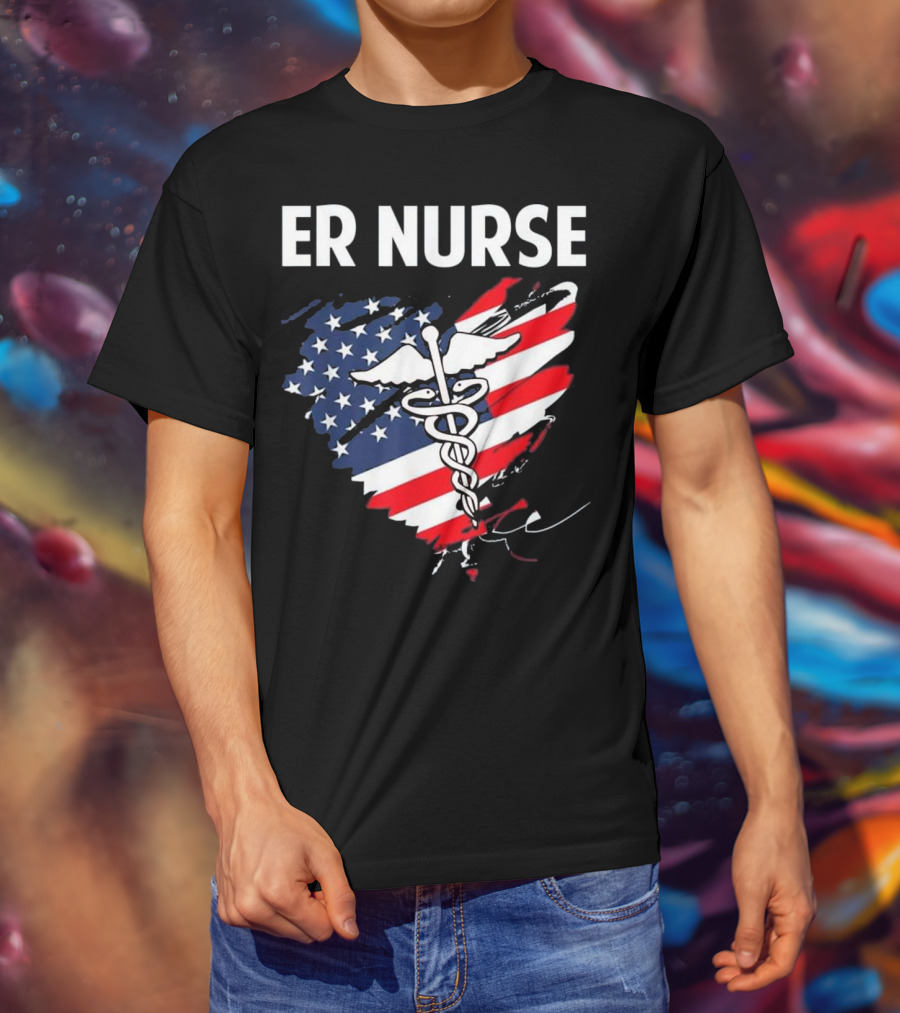 ER Nurse American Flag Caduceus Medical T-Shirt