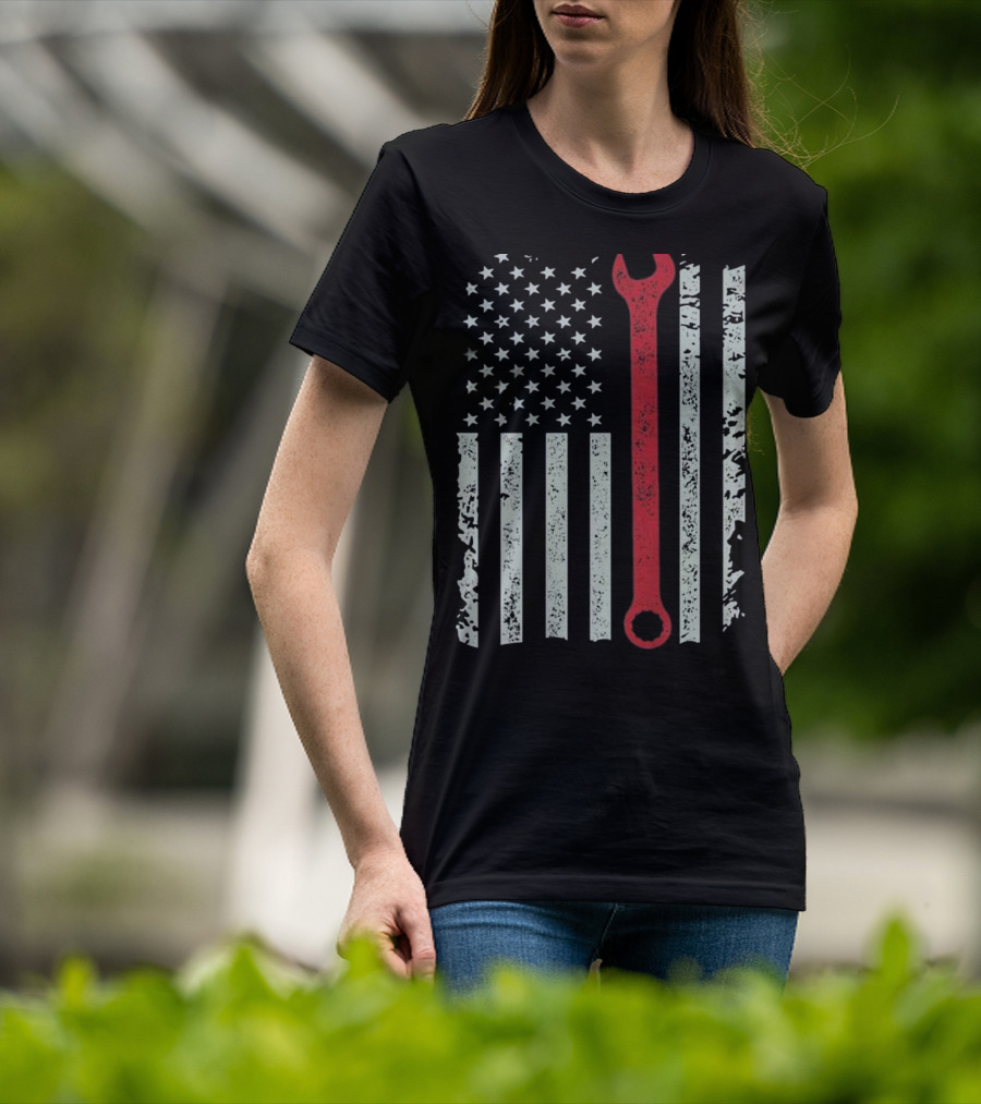 American Flag Mechanic Wrench Patriotic USA Pride T-Shirt