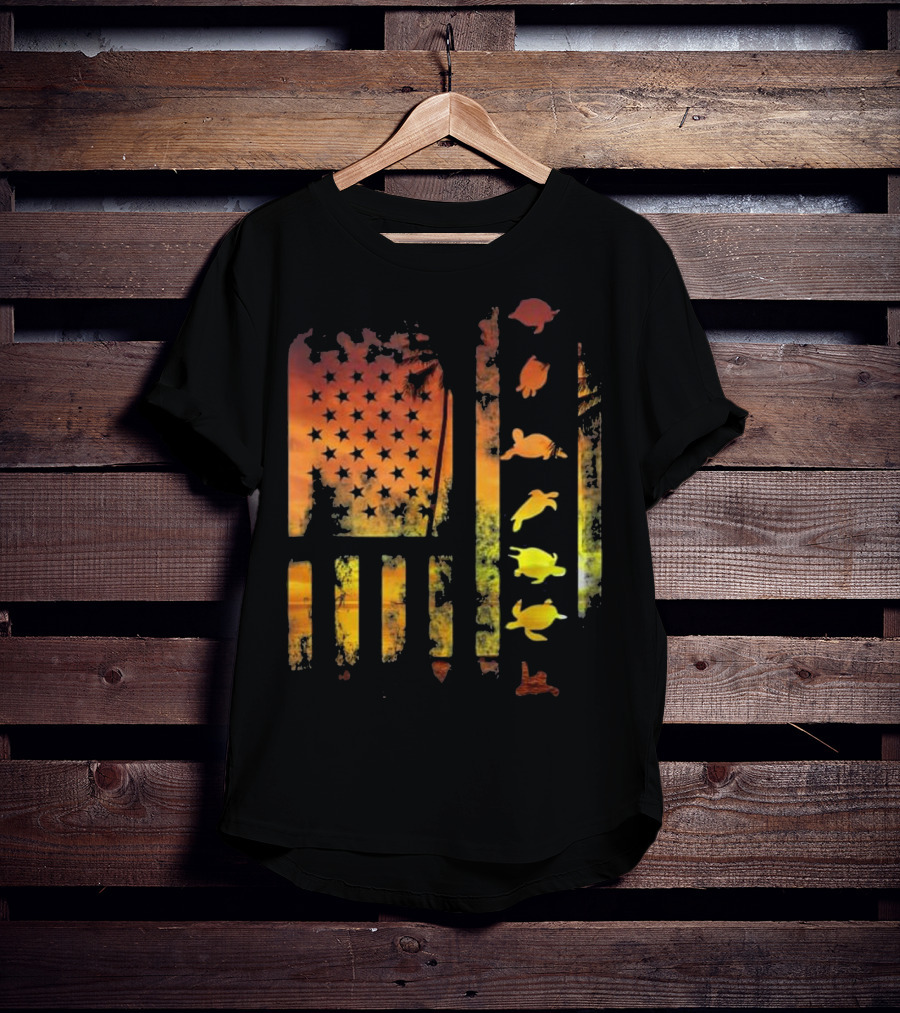 American Flag Sunset Sea Turtle T-Shirt