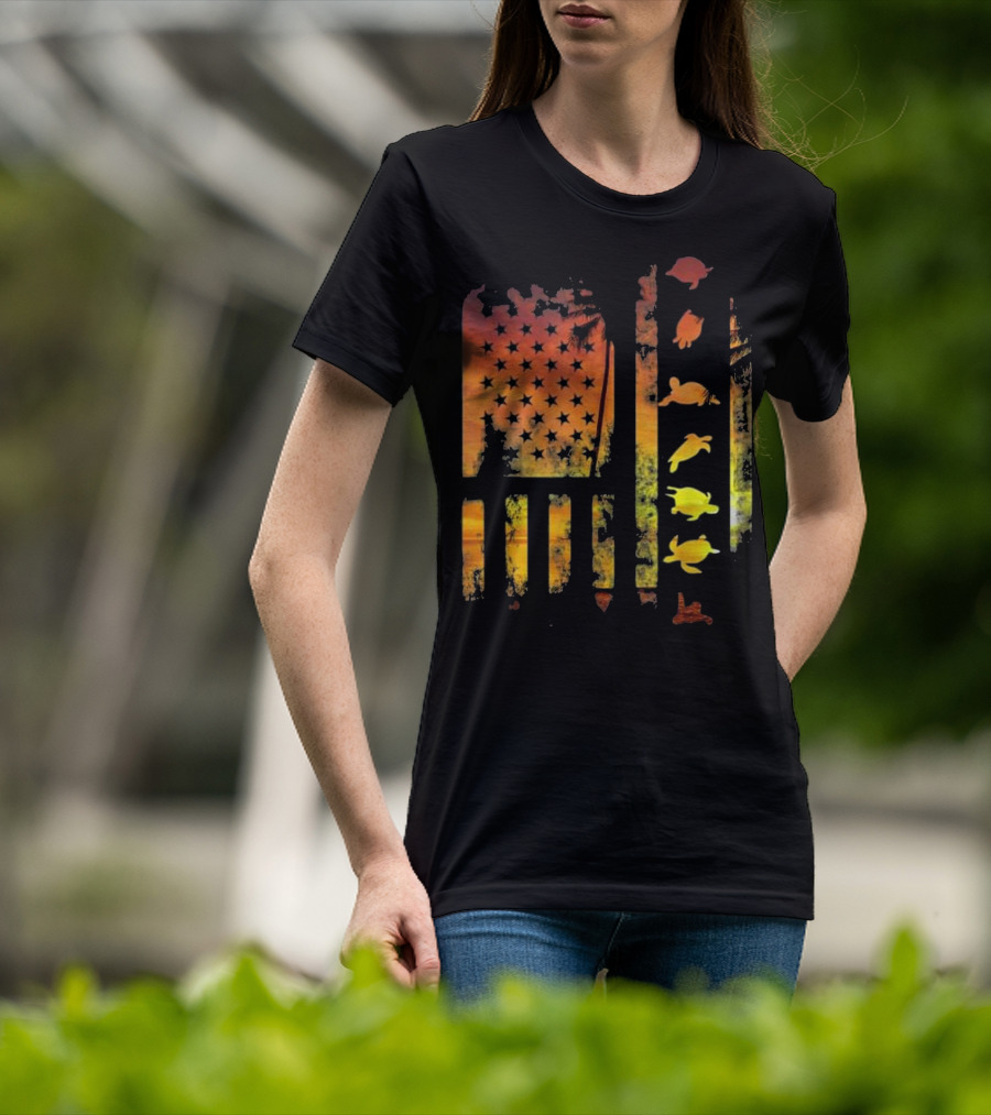 American Flag Sunset Sea Turtle T-Shirt