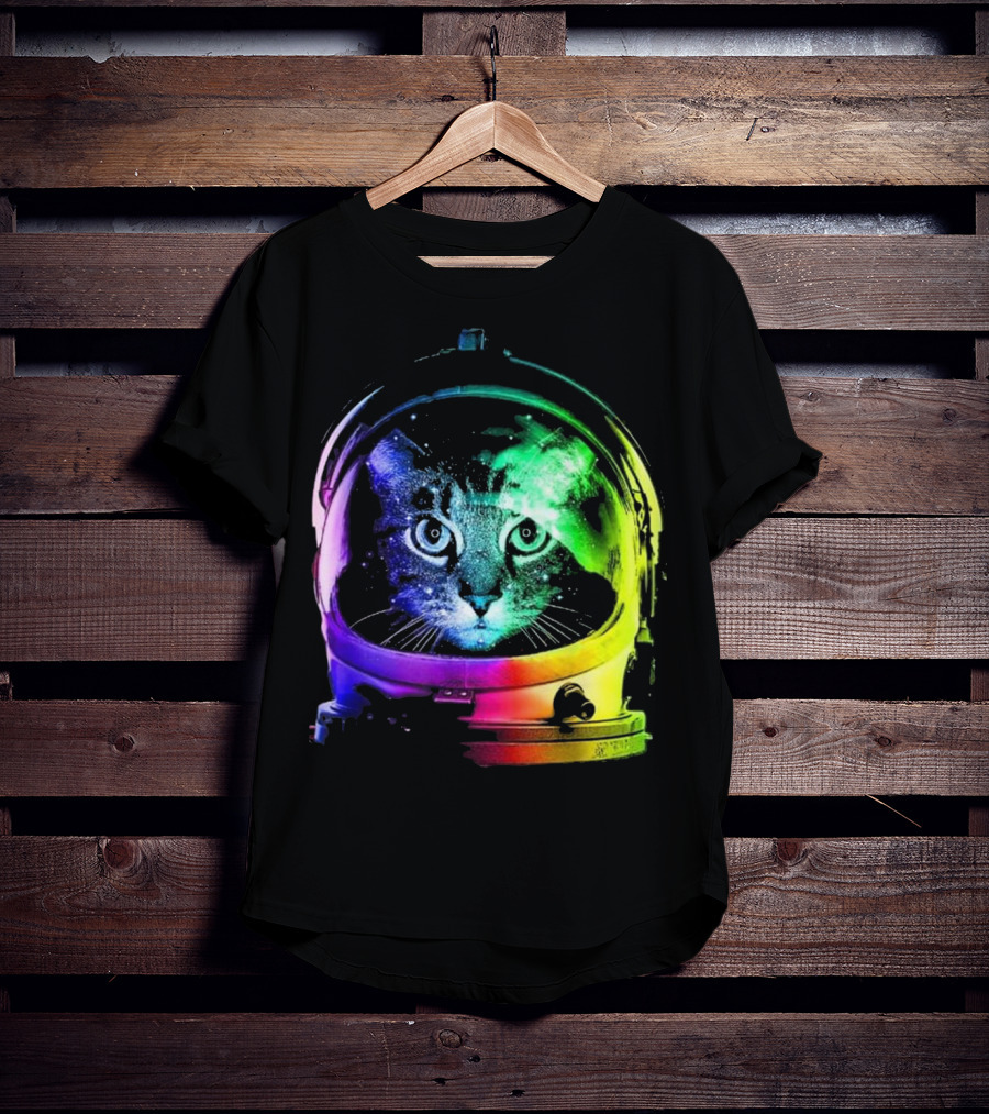 Space Cat In Astronaut Helmet With Cosmic Rainbow Colors T-Shirt