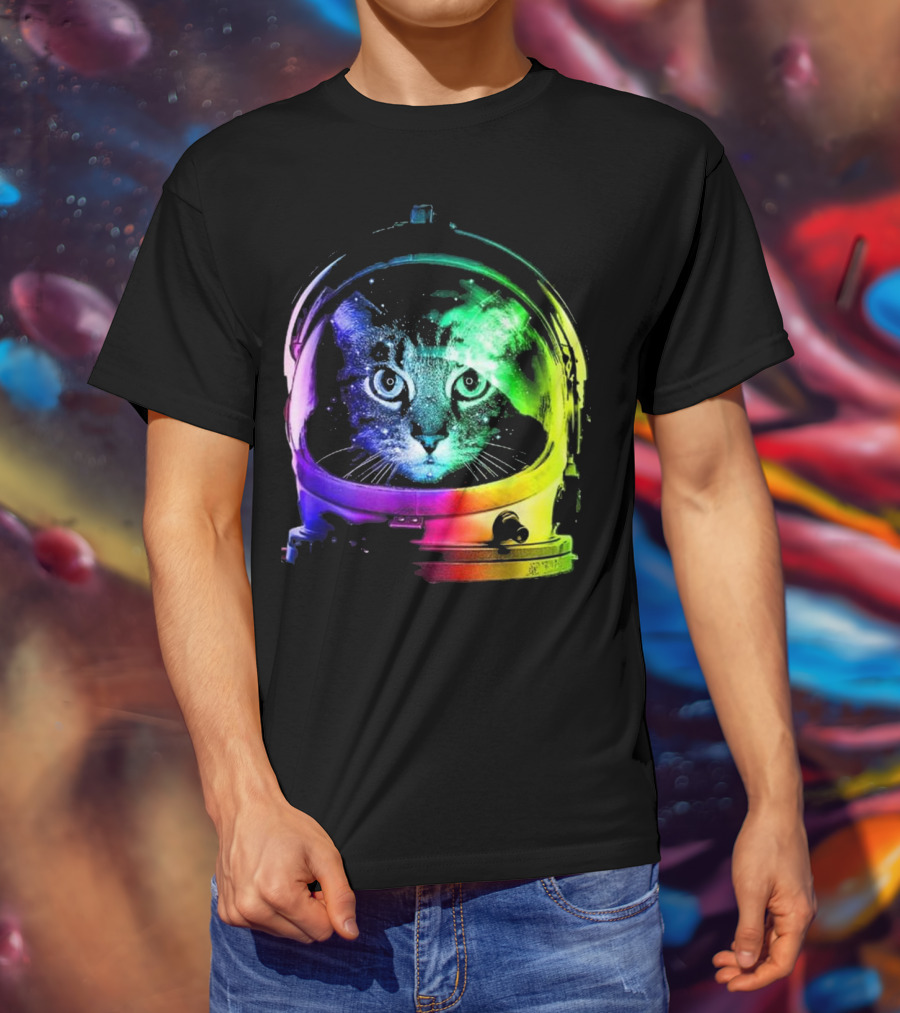 Space Cat In Astronaut Helmet With Cosmic Rainbow Colors T-Shirt