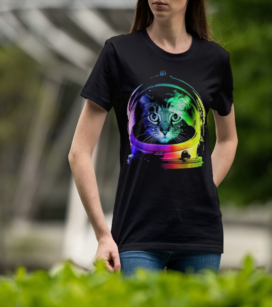Space Cat In Astronaut Helmet With Cosmic Rainbow Colors T-Shirt