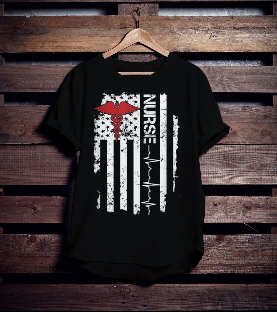Nurse Caduceus Heartbeat American Flag Stars Stripes T-Shirt