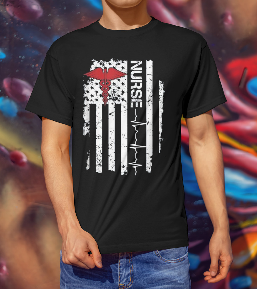 Nurse Caduceus Heartbeat American Flag Stars Stripes T-Shirt