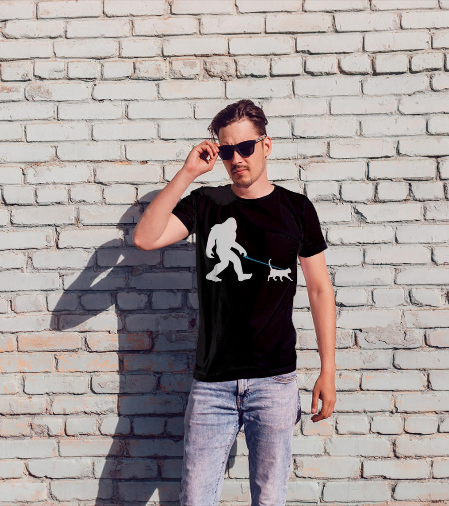 Bigfoot Walking Cat Funny Cute Sasquatch Silhouette Leash T-Shirt