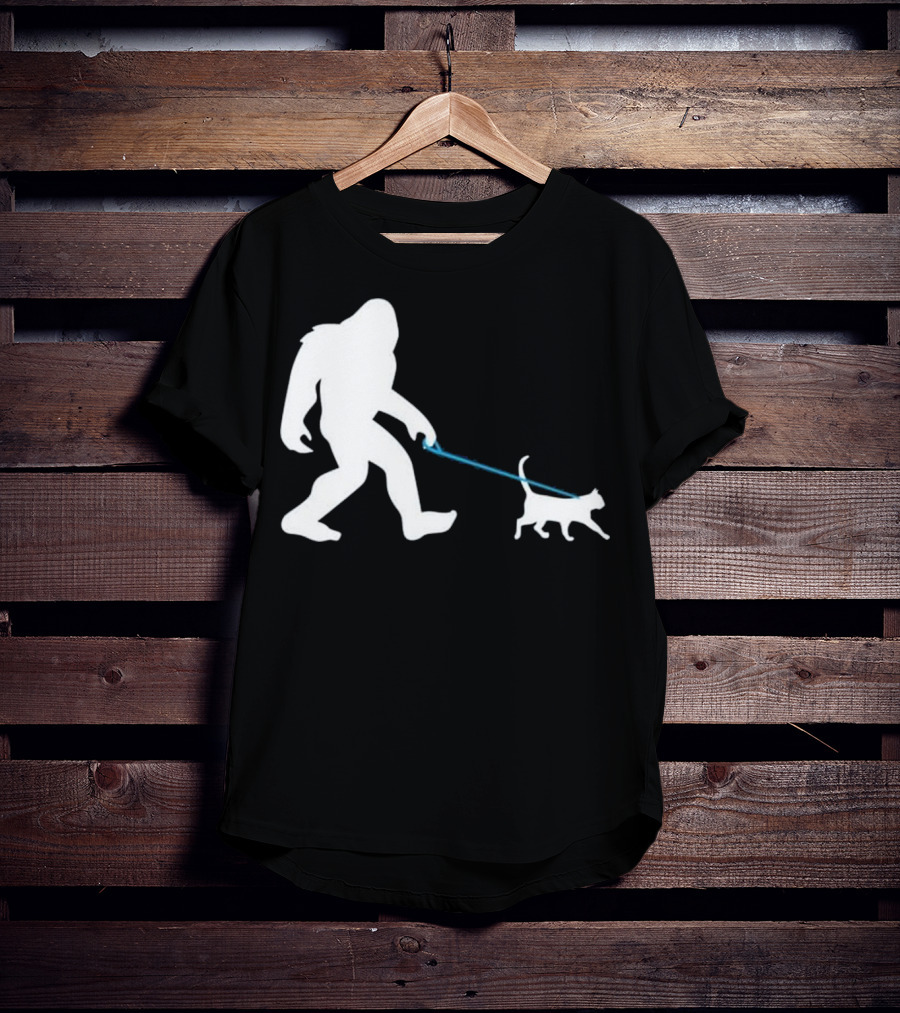 Bigfoot Walking Cat Funny Cute Sasquatch Silhouette Leash T-Shirt