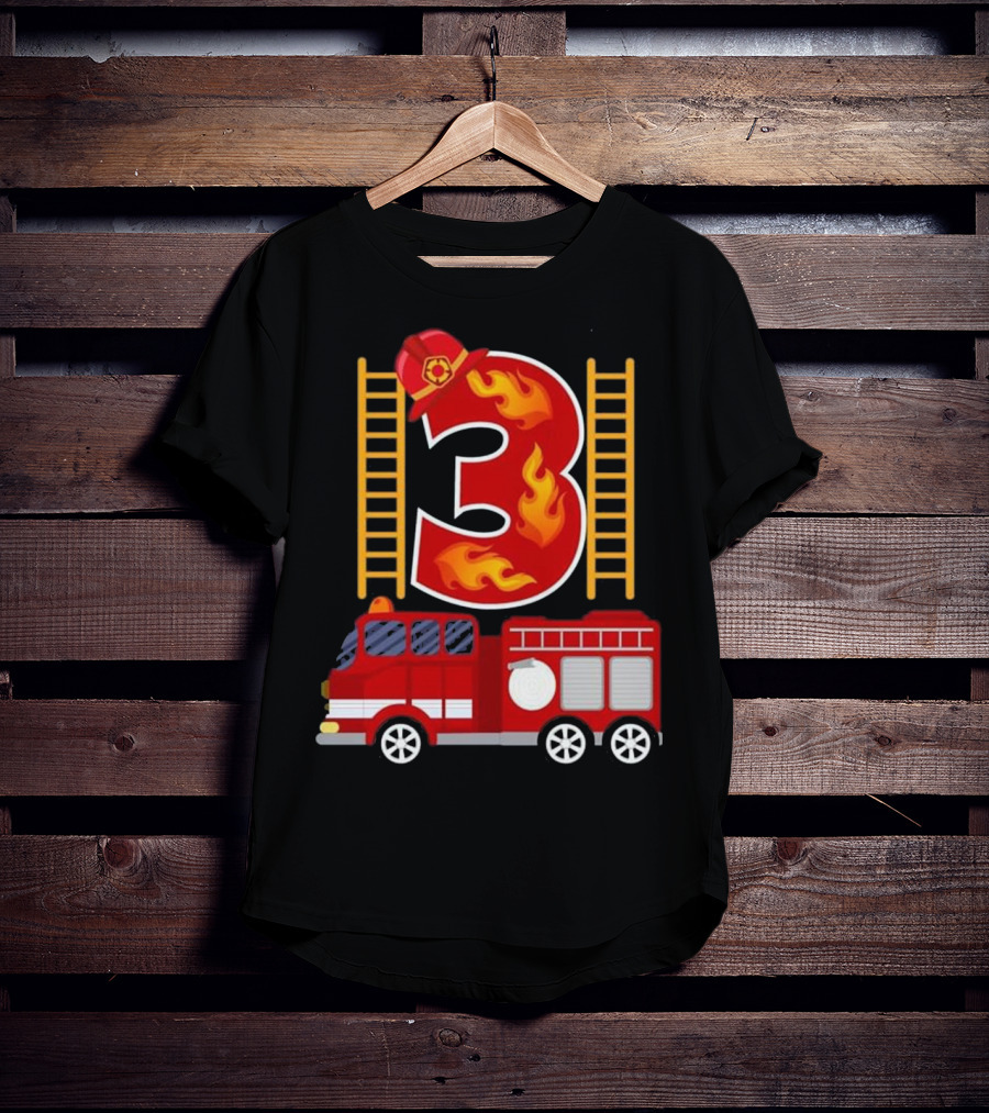 Birthday Firefighter Number 3 Fire Truck Flames Hat Ladder T-Shirt